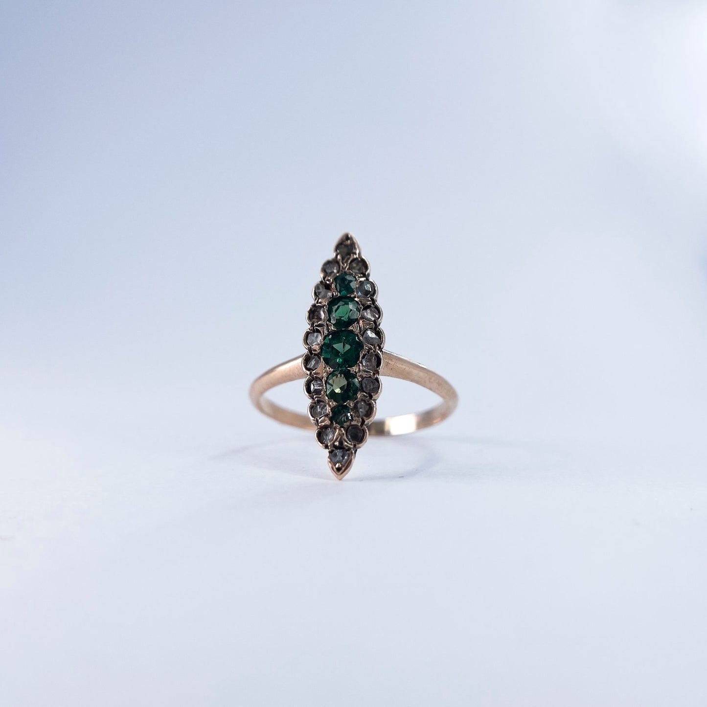 1800s Marquise Dainty Single Cut Diamond and Russian Tsavorite Ring in 14K Rose Gold