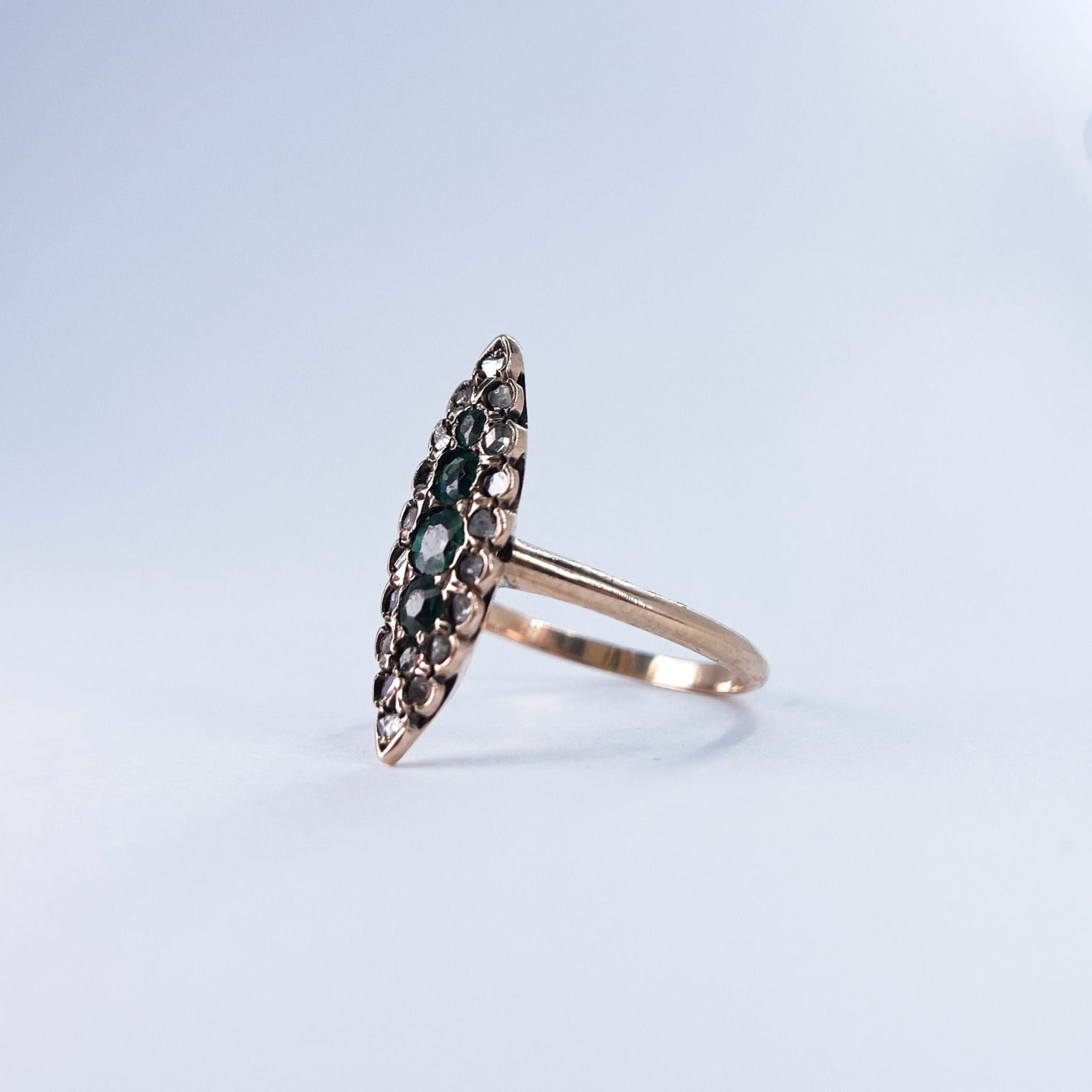 1800s Marquise Dainty Single Cut Diamond and Russian Tsavorite Ring in 14K Rose Gold