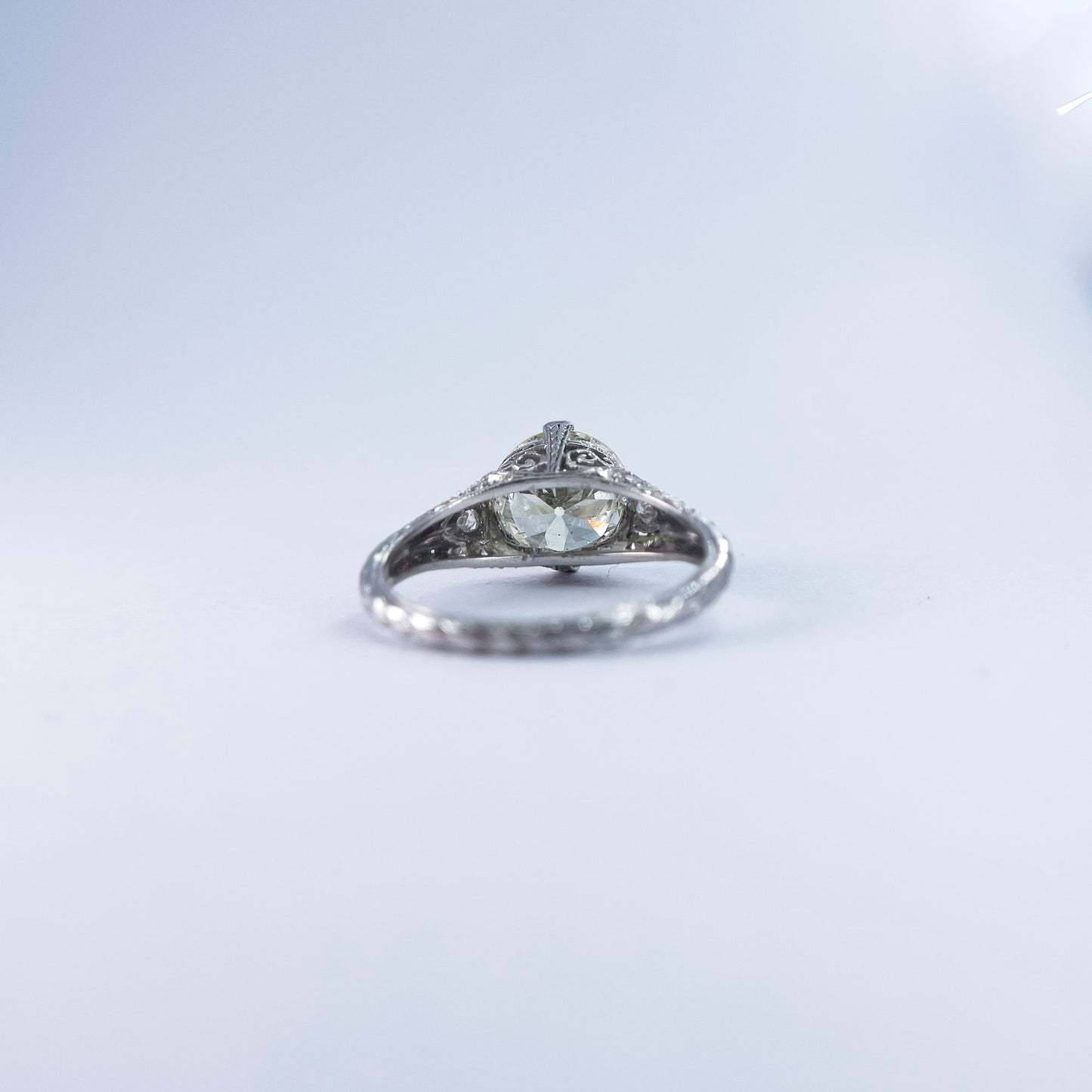 1920s Old European Round Cut Diamond Ring with Double Prong Setting and Filigree Band in Platinum