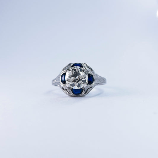 18K White Gold Old European Round Cut Diamond Ring with Half Moon French Cut Sapphires