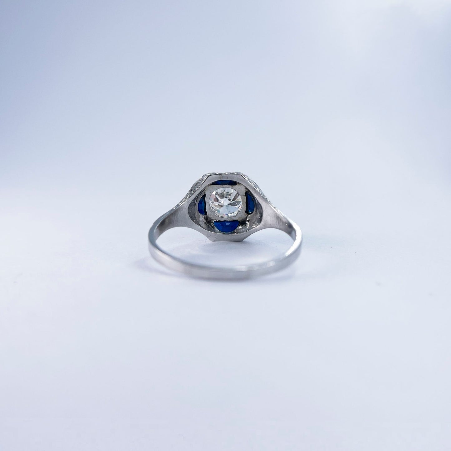 18K White Gold Old European Round Cut Diamond Ring with Half Moon French Cut Sapphires