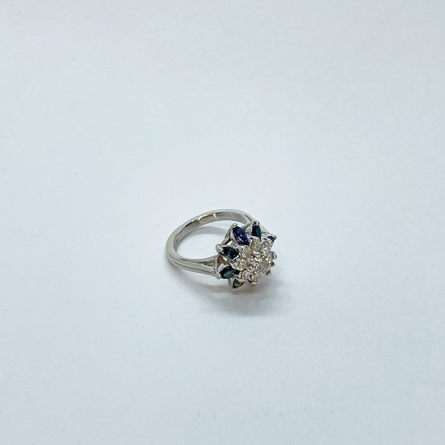14K Floral Shape Diamond and Sapphire Ring