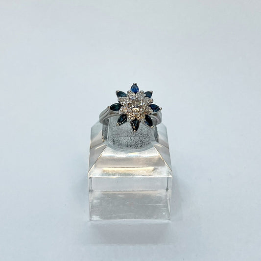 14K Floral Shape Diamond and Sapphire Ring