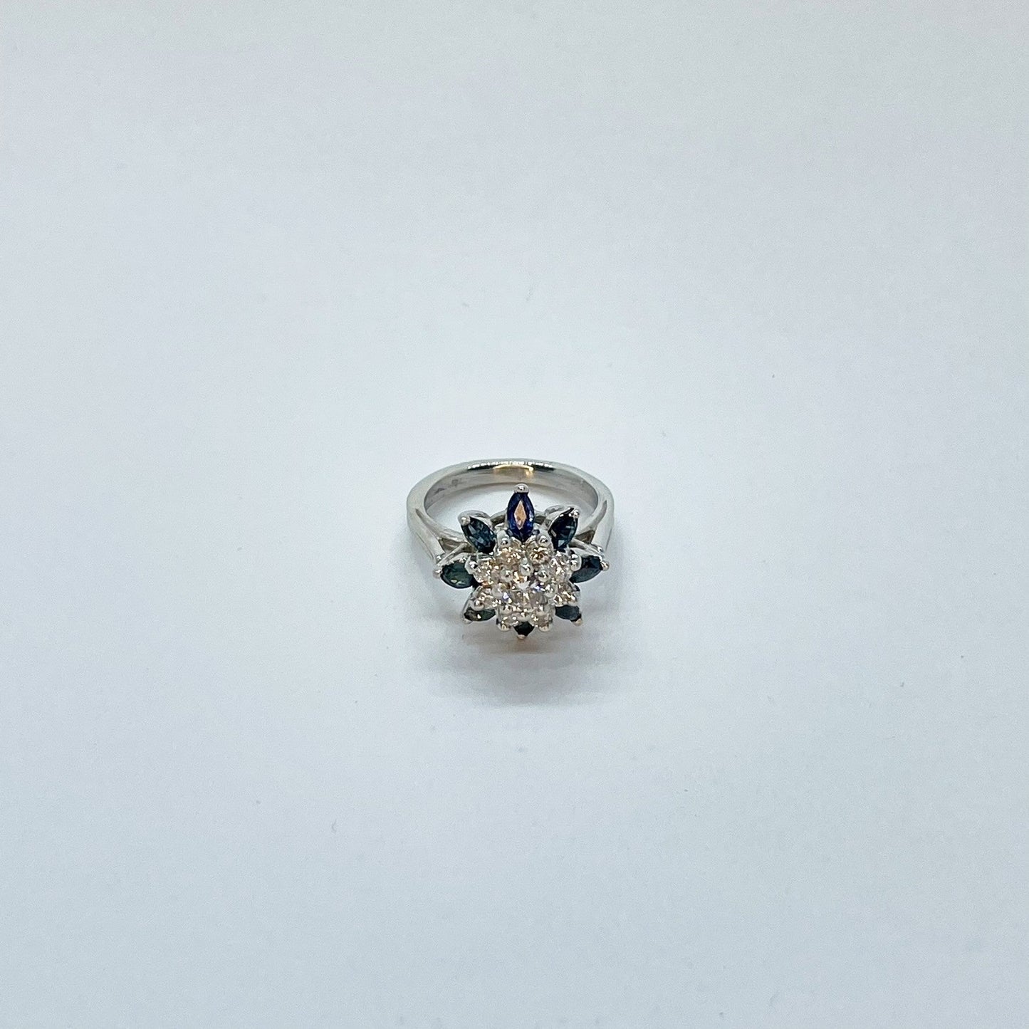 14K Floral Shape Diamond and Sapphire Ring