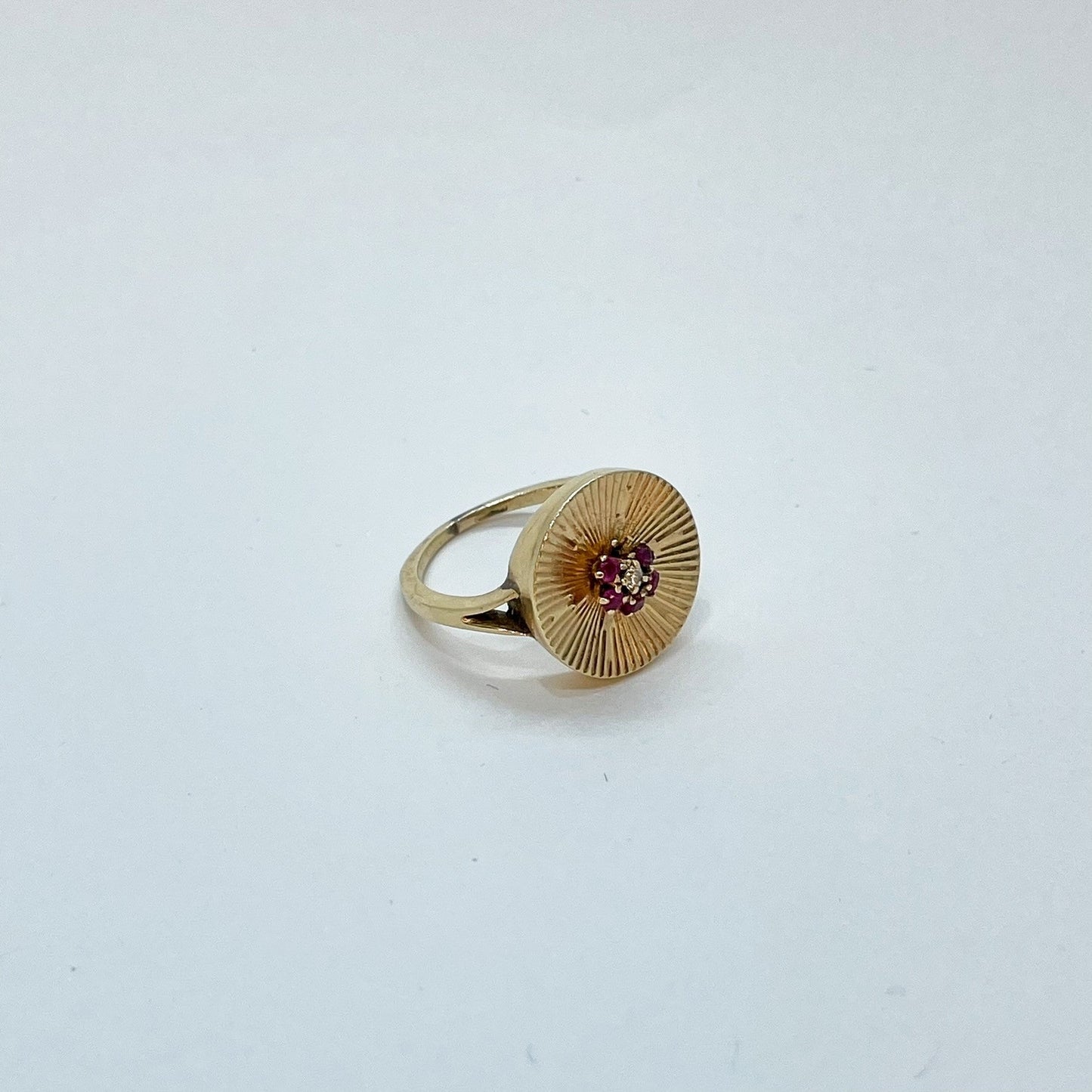 14K Sunburst Gold Circle Ring with Ruby Flower accent