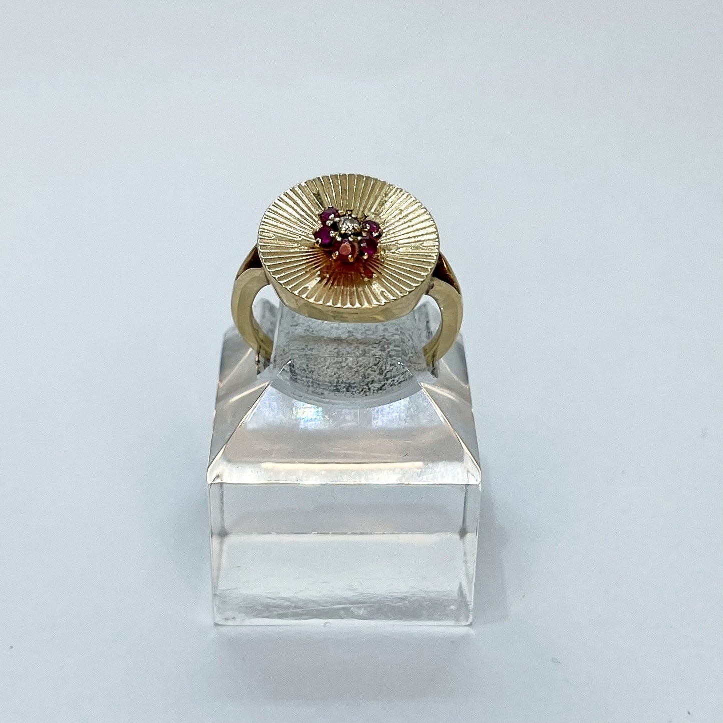 14K Sunburst Gold Circle Ring with Ruby Flower accent