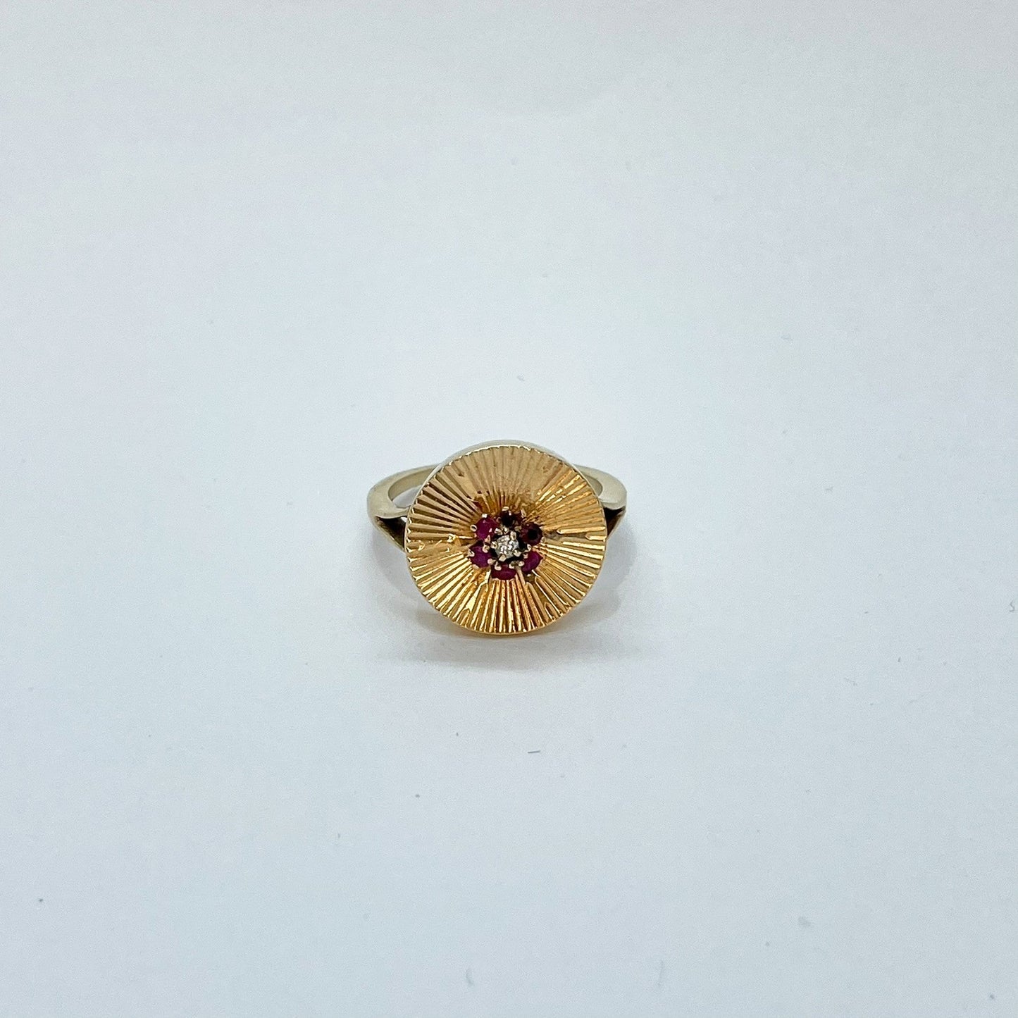 14K Sunburst Gold Circle Ring with Ruby Flower accent